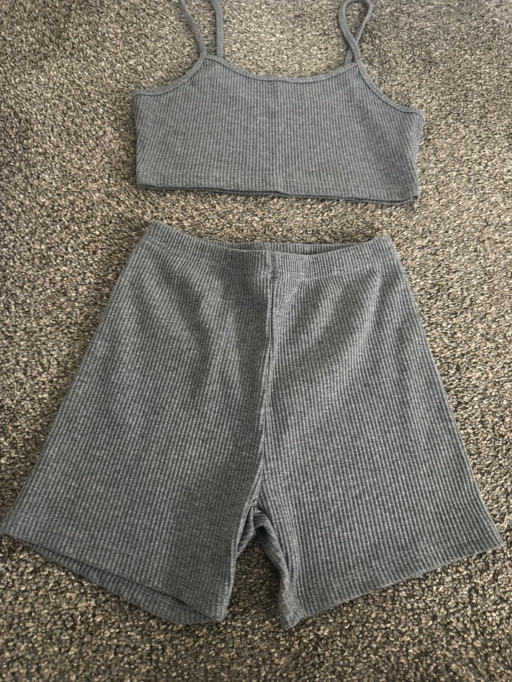 Ribbed Grey Crop Tank and High-Waist Shorts Set